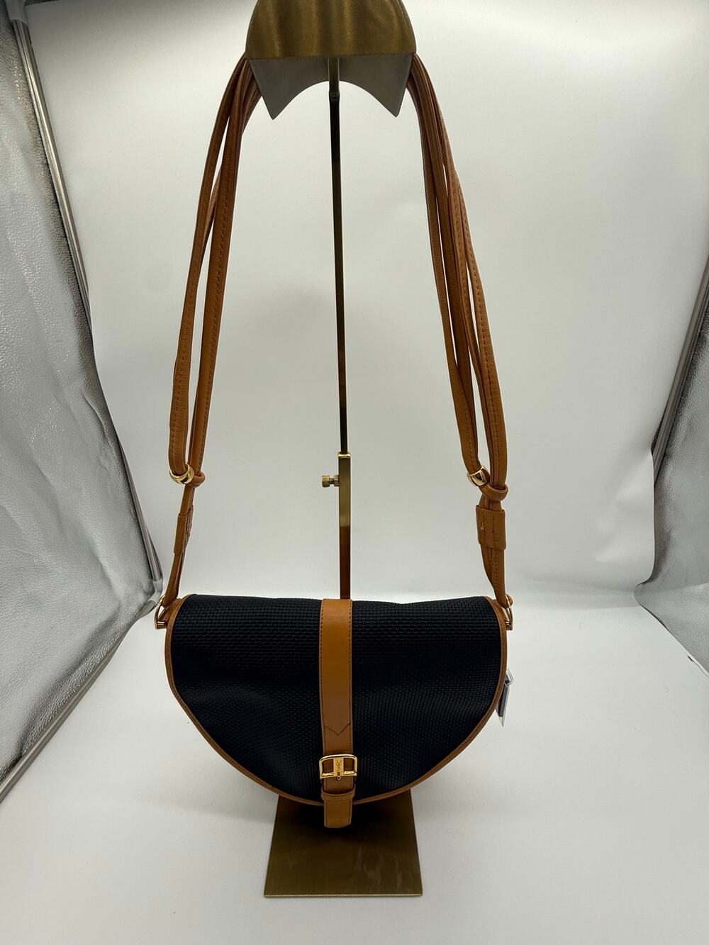 Vintage Yves Saint Laurent Black Textured PVC Leather Half-Moon Saddle Bag